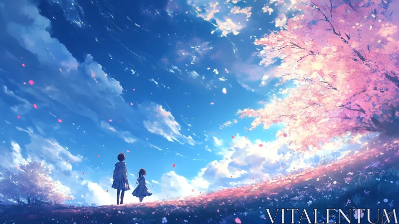 Two children under pink blossoms on bright spring hill.