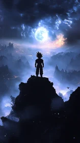 Lone spiky‑haired warrior watching a colossal moonrise.