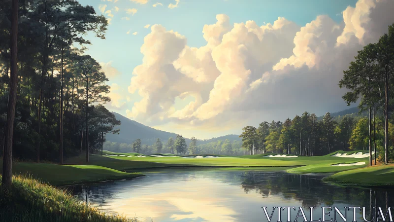 Sunlit fairway drifts toward clouds over a mirrored lake