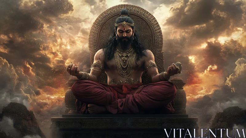 Stormlit sage thrones serenity above a smouldering sky