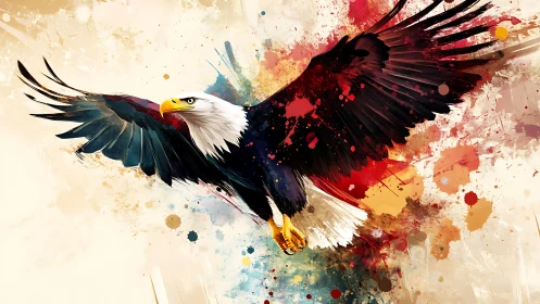 Majestic Bald Eagle in Flight with Vibrant Watercolor Splashes.