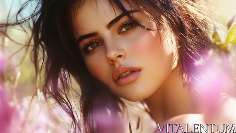 Soft-focus portrait of young woman in spring blooms.