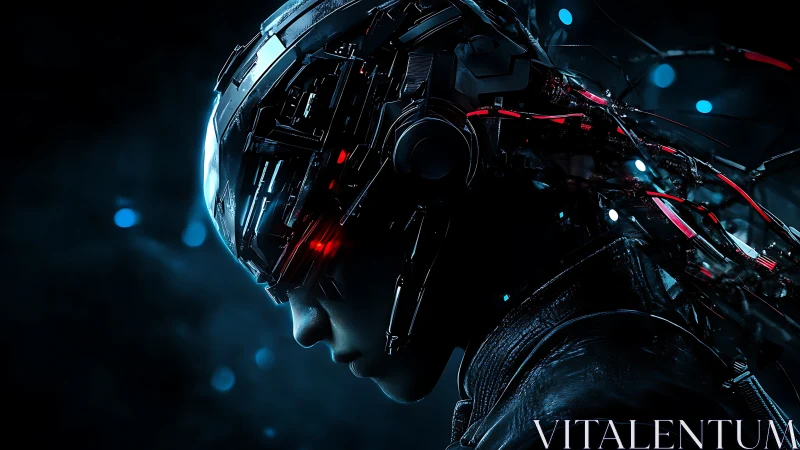 Cybernetic profile portrait shows wired neural helmet and red optics