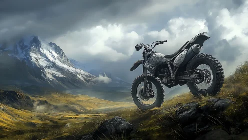 Solitary dirt bike poised before stormy alpine range.