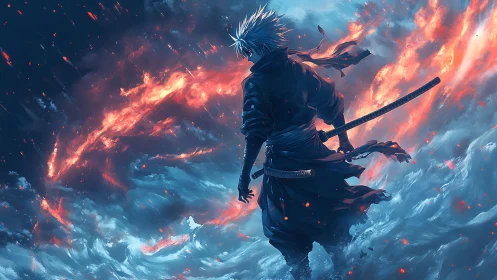 Sword-wielding warrior walks through storm of fire and ice.