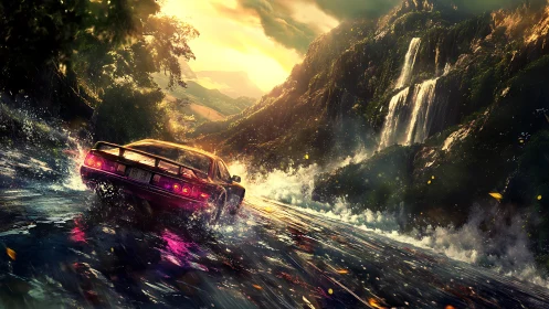 Sports car powers through neon river beneath sunset falls.