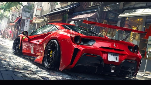 Red supercar under city light in narrow urban street scene.