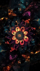Fractal petal bloom with luminous nebular particle clusters.