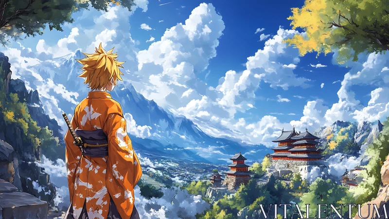 Samurai youth overlooking mountain valley temples under cumulus sky