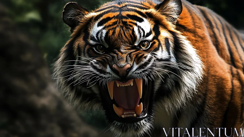 Hyperreal snarling tiger portrait with bared canines, shallow depth