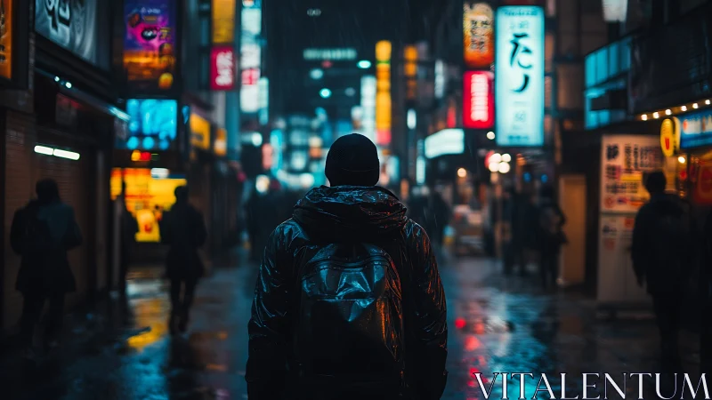 Lone traveler walks neon city street under cold rain.