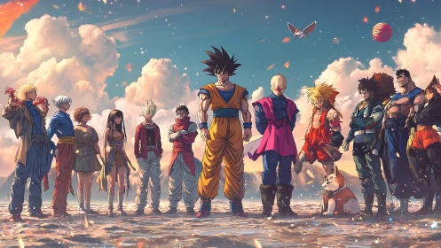 Group of anime fighters aligned under expansive clouded sky.