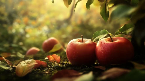 Ripe apples rest in warm forest light after autumn rainfall