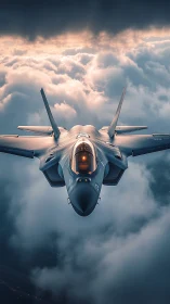 Stealth fighter jet flying through dramatic storm clouds.