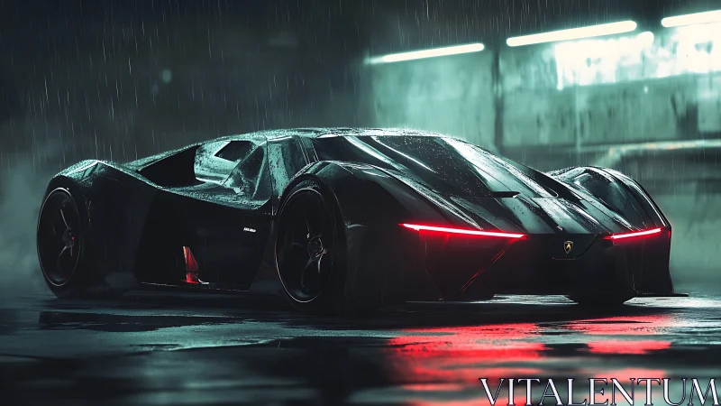 Aerodynamic hypercar under neon rain with parametric surfaces.