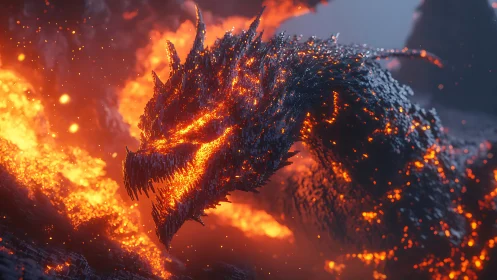 Voxel lava dragon erupts from volcanic inferno landscape.