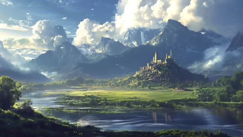 Sunlit riverside citadel below glaciated alpine mountain massif