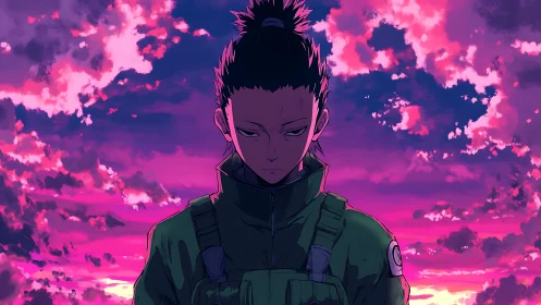 Serious anime soldier under vivid pink sunset sky.