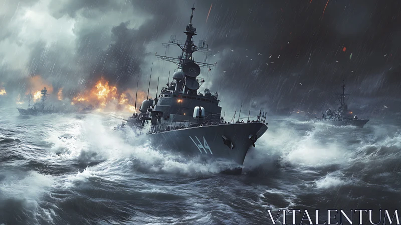 Warship armada in storm-tossed cinematic naval engagement.