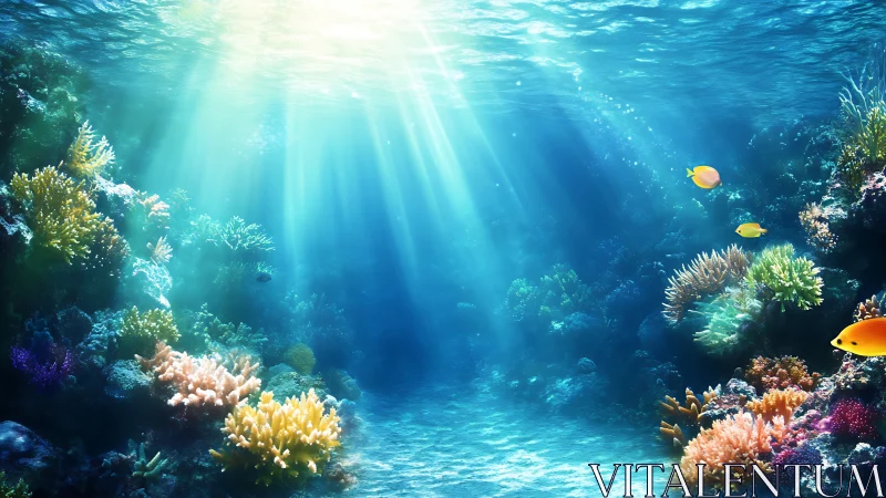 Sunlit coral reef scene shows clear water, fish, and seafloor