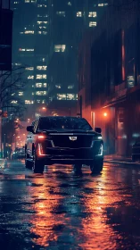Nighttime SUV in rain-soaked neon urban corridor with reflective wet asphalt
