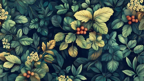 Dense botanical foliage pattern with stylized shading and berries
