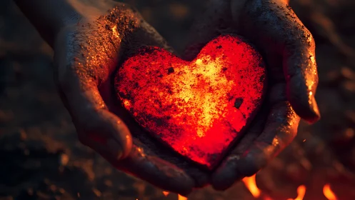 Incandescent Heart Form Held Between Charred Hands. Thermographic.