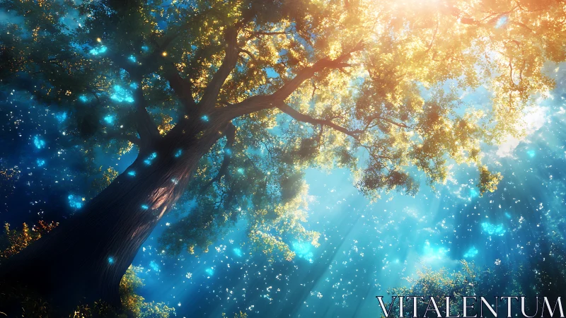 Large tree canopy viewed from below under stylized bright light