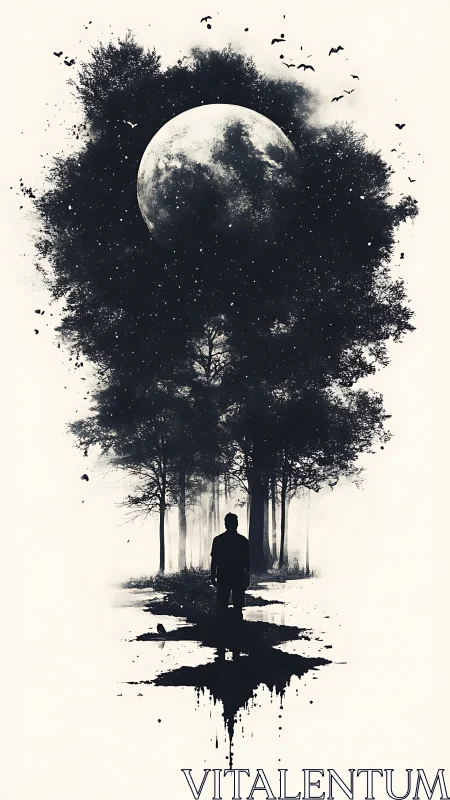 Moonlit ink-forest swallows a lone silhouette in midnight hush