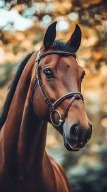 Bay sport horse in bridle against soft blurred foliage background.