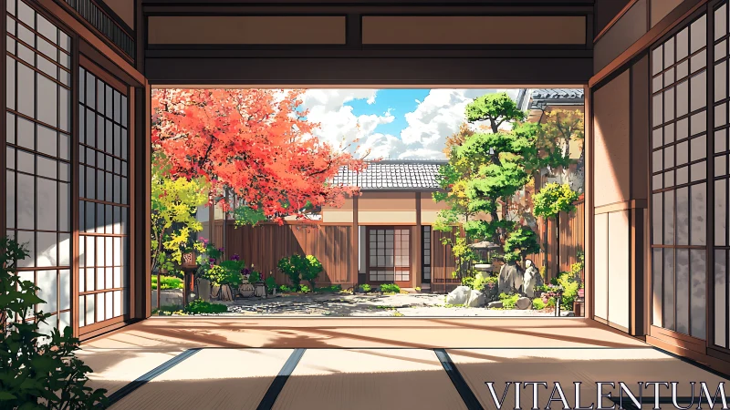 Traditional tatami room overlooking enclosed garden courtyard.