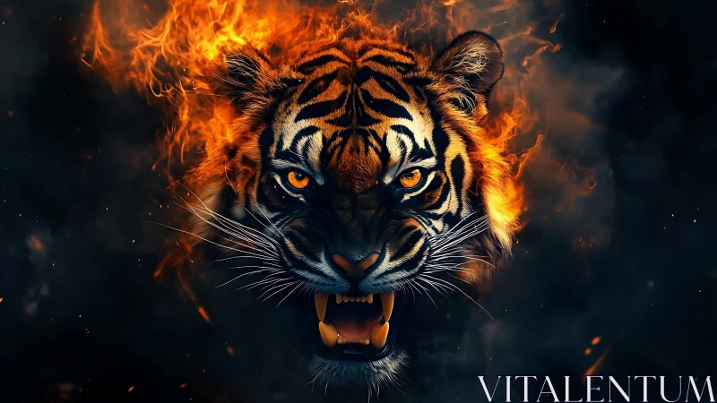 Tiger head erupts from swirling fire with feral intensity