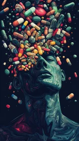 Digital painting of pill-saturated human head in surreal flux.