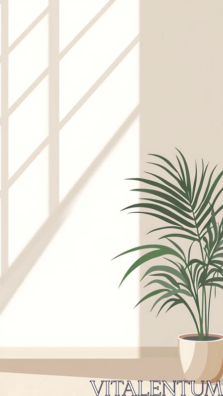 Potted palm near wall with window light and elongated shadows.