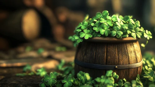 Wooden barrel container filled with dense green clover plants.