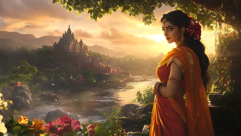 Sunlit river temple and regal woman in saffron sari.