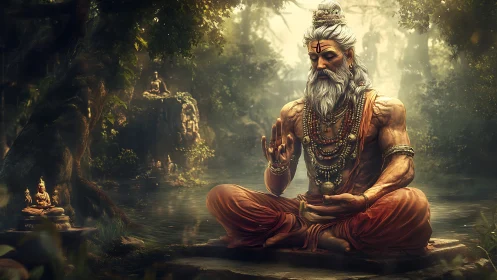 Ascetic sage meditates beside misted forest river shrine