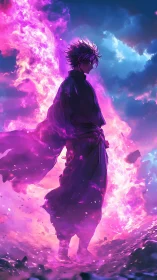 Solitary mage wreathed in neon violet elemental fire.