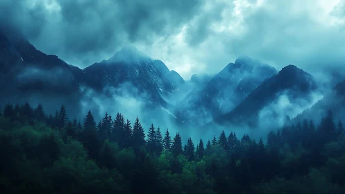 Moody alpine peaks emerging through luminous teal mist.