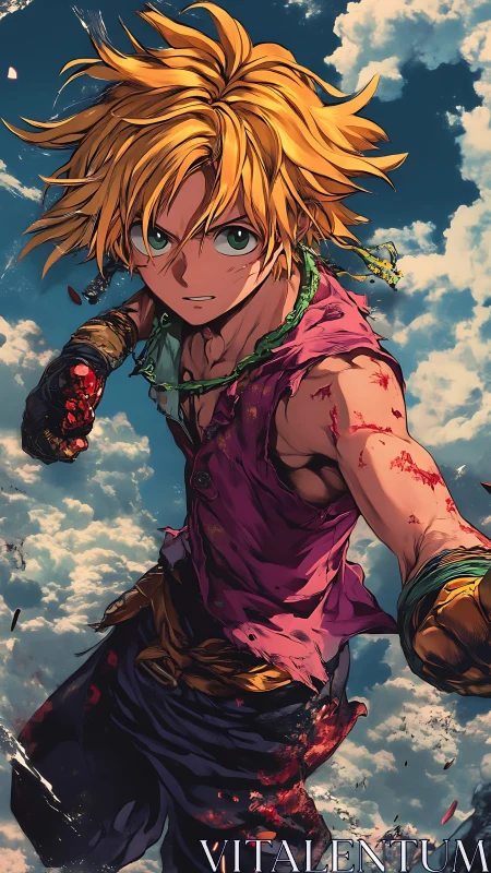 Battle-worn anime fighter with blond hair in sky scene.