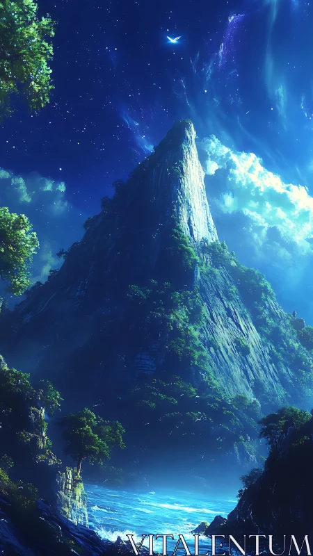 Starlit ocean peak under luminous cosmic night sky.