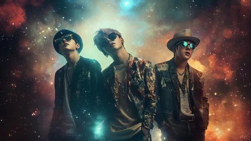 Starlit streetwear trio drifting through a cosmic nightscape.