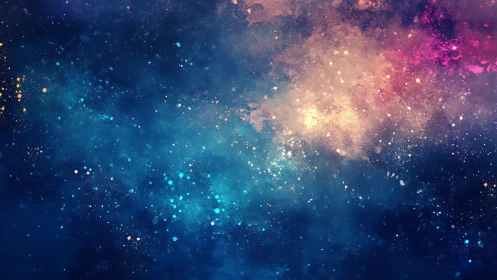 Nebula clouds glow in swirling blue, gold, and magenta space.