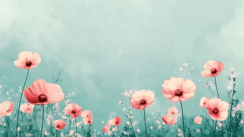 Soft Pink Cosmos Blooms Against Turquoise Sky.