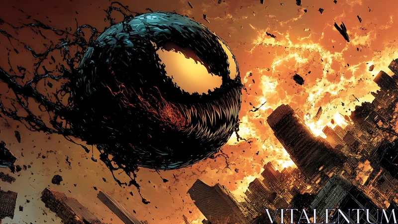Sinister symbiote sphere over a burning twilight cityscape.