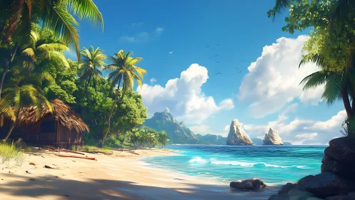 Tropical Beach with Volcanic Peaks and Thatched Shelter