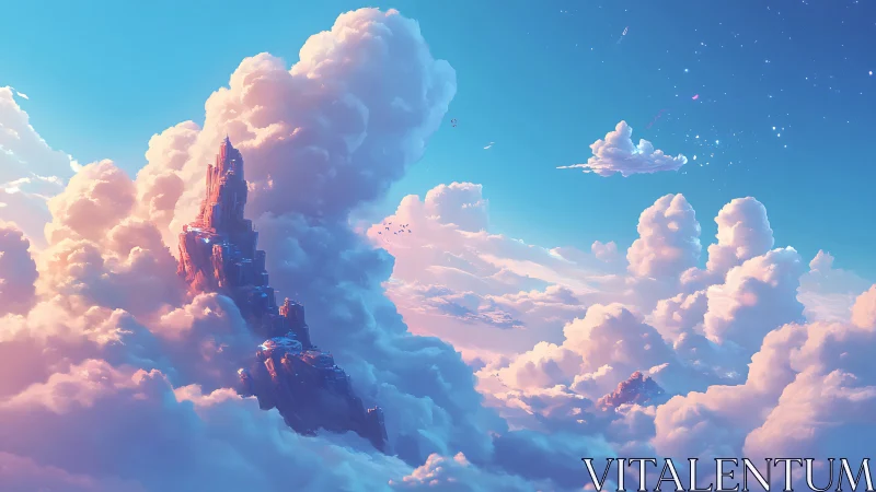 Towering cloud citadel rises through luminous pastel sky