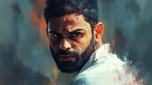 Storm-eyed portrait of a bearded man in blazing focus.