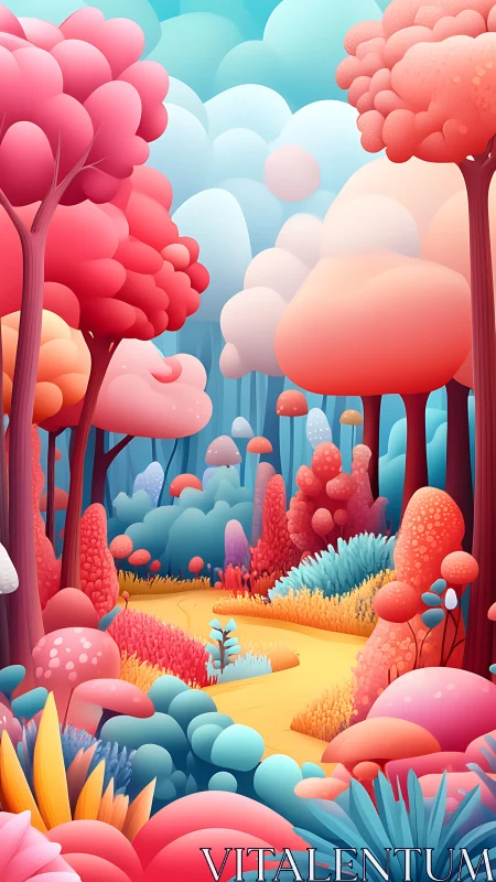 Layered digital landscape with gradient forest and dimensional terrain