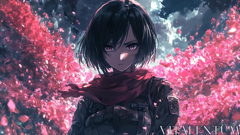 Stoic short-haired figure amid dense pink petals and sky.